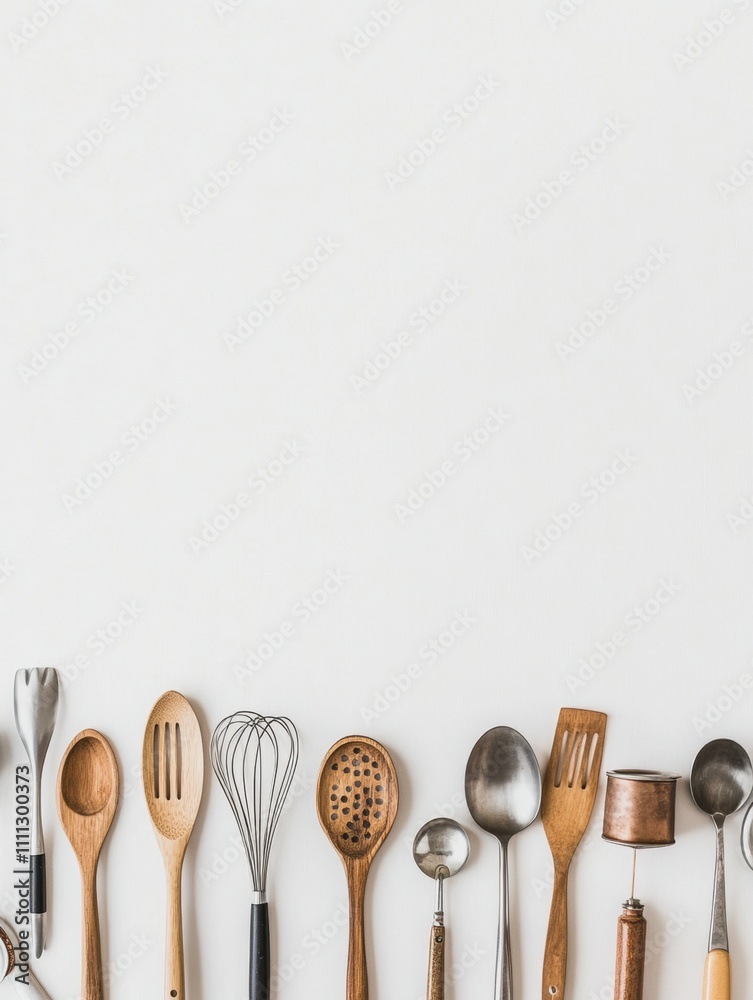 Poster kitchen utensils like spatulas and pots are neatly arranged on a white surface, leaving space for mo
