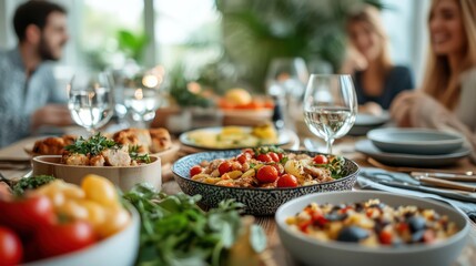 Obraz premium Family enjoying a delicious meal together at a dining table with various dishes.