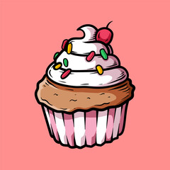 muffin with cream and full of sprinkle isolated drawing line art style sketch classic vintage design illustration