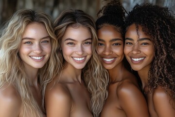 Obraz premium Diverse female hair models showcase healthy, vibrant hairstyles against a serene beige backdrop