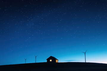 solitary house on hill under starry night sky, surrounded by wind turbines, creates serene and peaceful atmosphere. glowing window adds warmth to tranquil scene