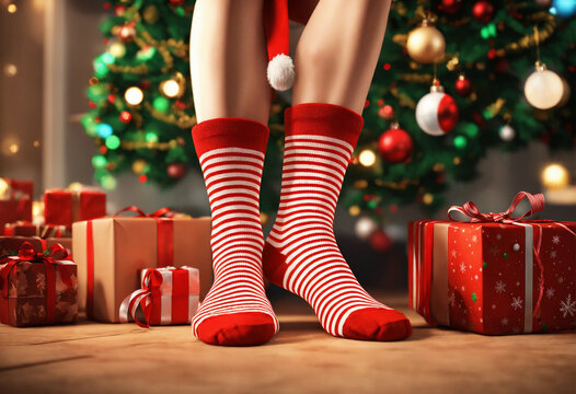 Pieds avec chaussettes ray&eacute;es rouges et blanches au pied du sapin de No&euml;l