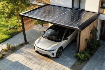 Electric car parked under solar panel carport in modern residential area during daylight hours