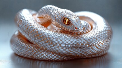 Fototapeta premium A close-up of an albino snake with mesmerizing golden eyes and a coiled body, its scales glistening under soft light. Ideal for wildlife designs, educational materials, or creative visuals