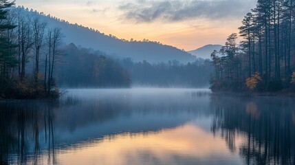 Fototapeta premium Serene Autumn Lake Sunrise Misty Mountains