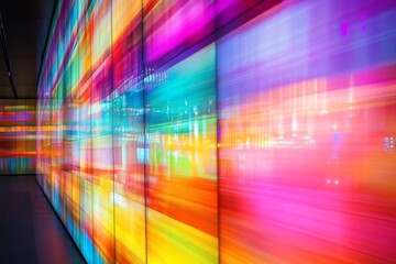 Colorful abstract light display in a modern urban setting showcasing vibrant digital patterns