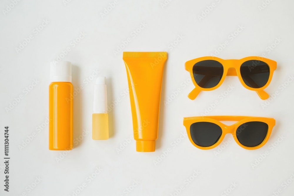 Poster summer essentials feature vibrant sunglasses and sunscreen bottles designed for fun in the sun, offe