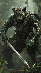 A Jaguar Warrior Stands Guard In The Jungle