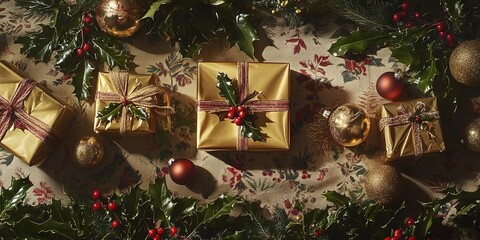 overhead photo of gold presents on a table with ornaments, holly 