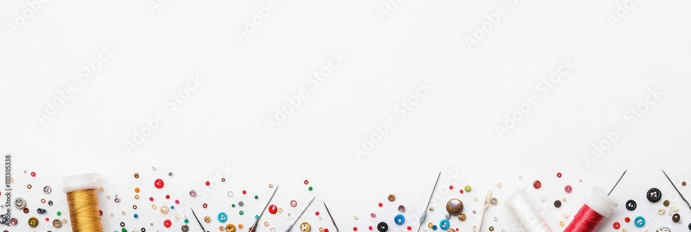 Aufkleber Colorful sewing essentials like needles, threads, and buttons are arranged neatly on a white background, providing a perfect space for customization. Generative AI