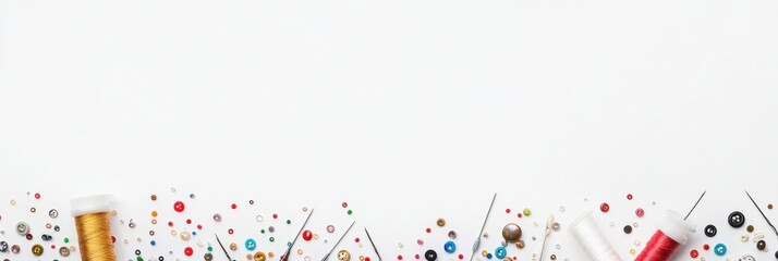 Fototapeta na wymiar Colorful sewing essentials like needles, threads, and buttons are arranged neatly on a white background, providing a perfect space for customization. Generative AI