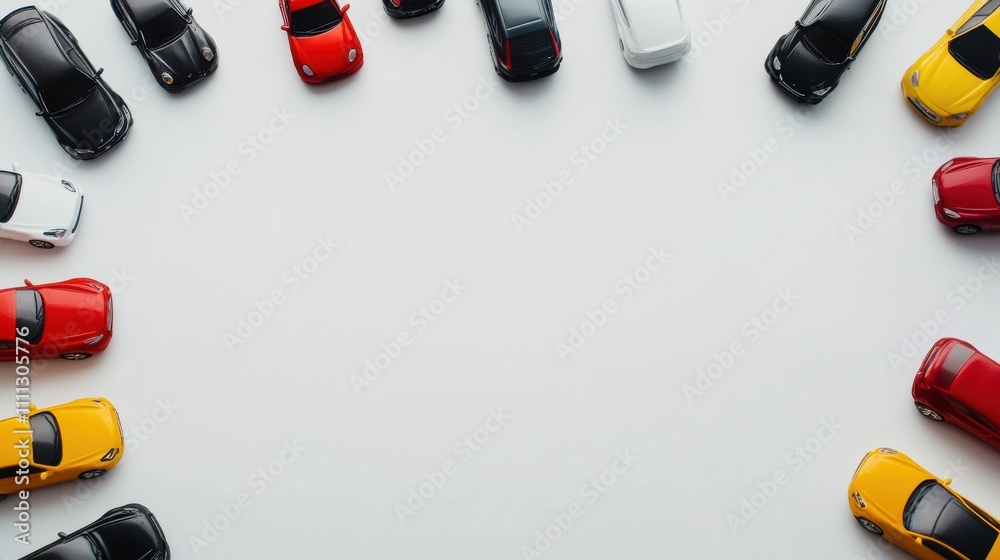 Poster Various miniature car models are arranged in a circular pattern on a white background, leaving space for text or additional graphics. Generative AI