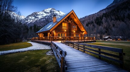 Obraz premium Mountain lodge, cozy setting, adventure travelers resting