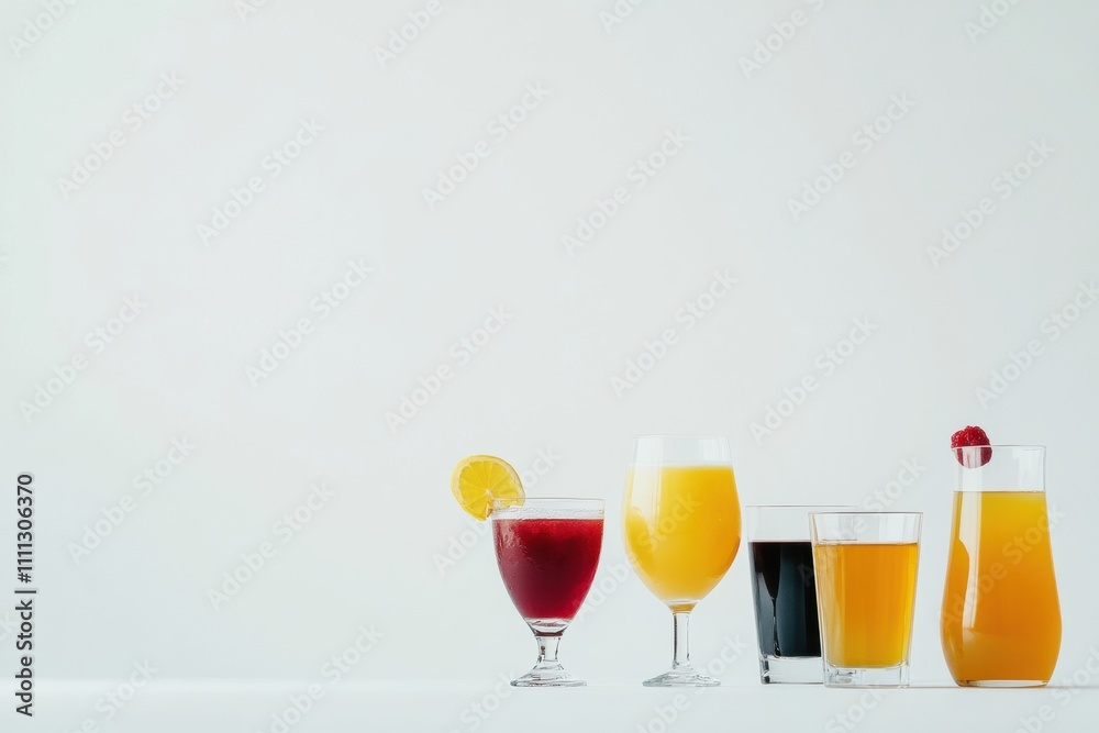 Poster four glasses displaying a mix of vibrant drinks like juice, soda, and tea are arranged on a white ba