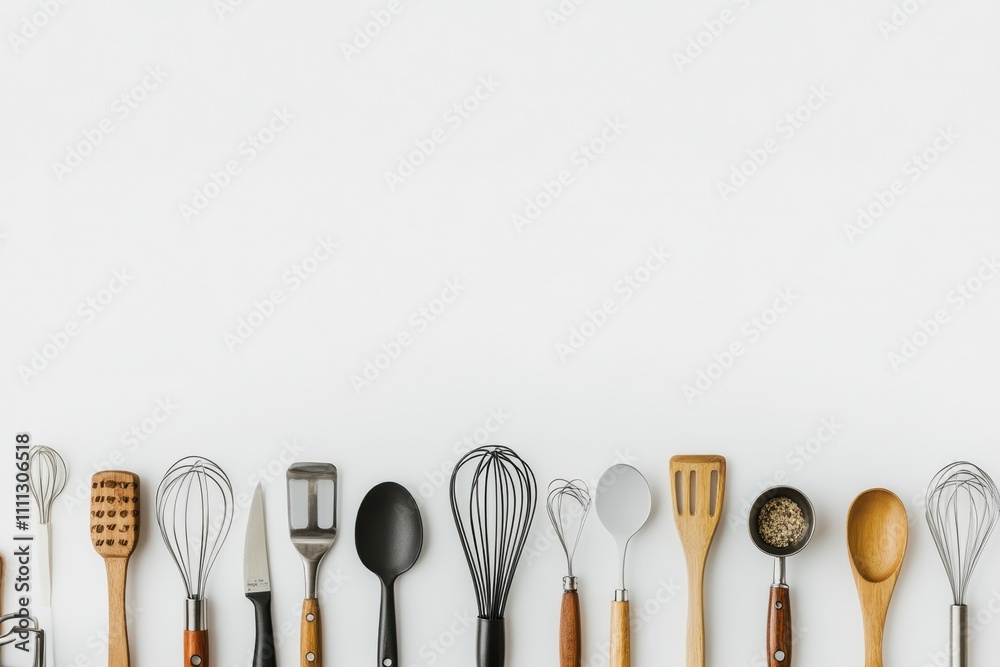 Poster Kitchen utensils including spatulas, whisks, and small pots are neatly arranged on a white background with ample copy space for text. Generative AI