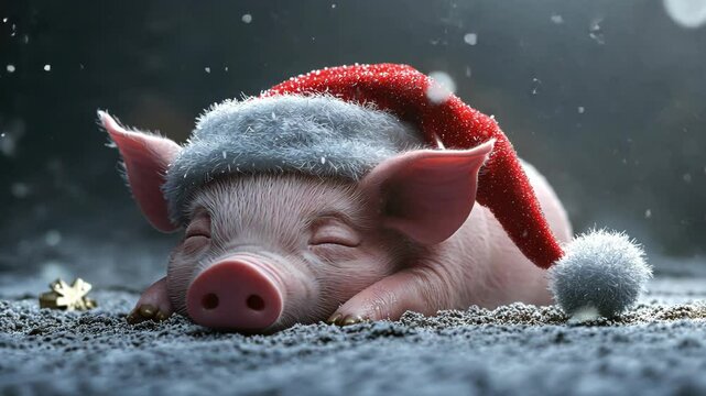 Cute piglet wearing a Christmas hat napping in snow during a winter setting