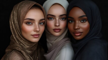 Three diverse women wearing hijabs, close-up portrait.