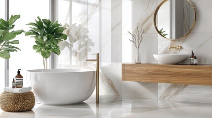 Fototapeta premium Modern bathroom in open style with a sleek porcelain sink, luxurious marble vanity, and warm wood and stone accents for a serene vibe