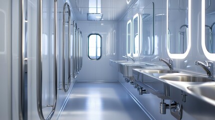 Obraz premium Modern hostel bathroom, compact layout, sustainable water-saving toilets, stainless steel sink and shower, expansive mirrors