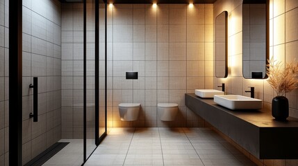 Modern hostel bathroom, compact layout, sustainable water-saving toilets, stainless steel sink and shower, expansive mirrors