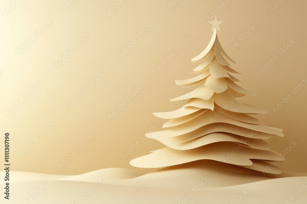 Poster layered paper christmas tree stands against a soft neutral background, providing ample blank space f
