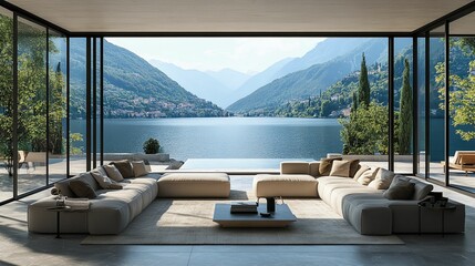 Fototapeta premium Modern Lake House Living Room With Stunning Mountain View