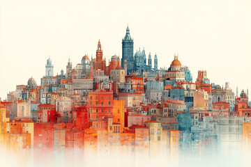 Obraz premium A Colorful Watercolor Cityscape Skyline Showing Numerous Buildings