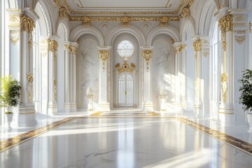 Fototapeta premium Elegant interior space featuring grand arches, golden accents, and natural light in a luxurious building