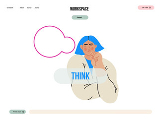 Thinking people, modern flat vector concept illustration- woman standing thoughtfully, looking sideways, bubble near head Metaphor for reflection, analysis, introspection, contemplation, deep thought