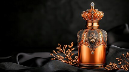 Luxurious gold-plated perfume bottle elegant display studio product photography rich textures dramatic lighting opulence concept