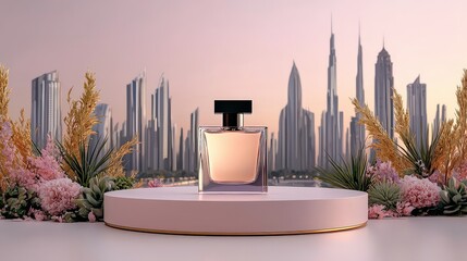 Elegant modern perfume bottle displayed against dubai skyline abstract design lifestyle photography urban environment aesthetic concept