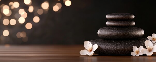 A serene arrangement of smooth stones and delicate flowers, set against a blurred background, evokes tranquility and relaxation.