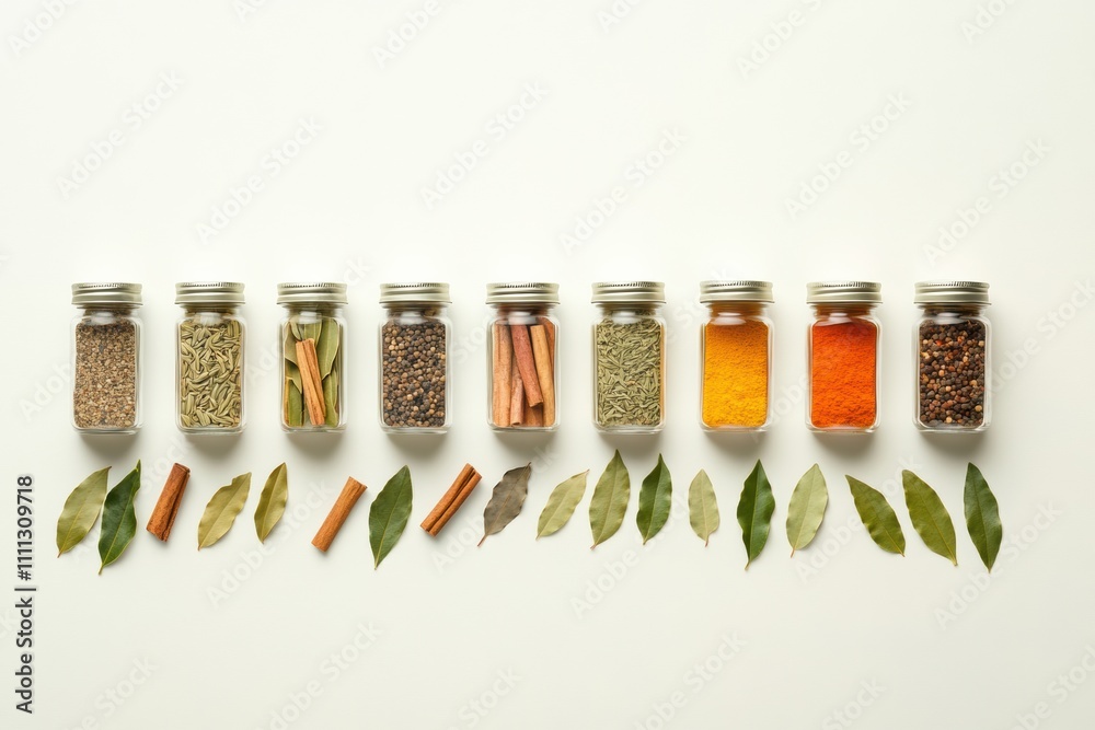 Poster Small jars filled with vibrant spices, bay leaves, and cinnamon sticks create an aromatic setup with ample space for culinary notes. Generative AI