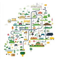Naklejka premium Sustainable development pathways farming transport and energy solutions for modern society illustrated map educational informative environment creative perspective