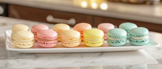 Close-up of sweet treats cozy kitchen display featuring delightful pastel macarons