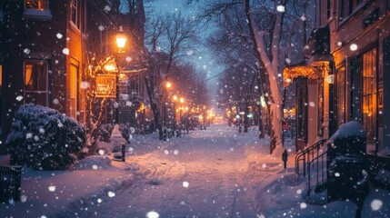A winter city night with snow on the ground, warm lights from windows, and quiet streets