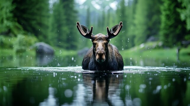 Moose in a tranquil forest setting, close-up shot, greenery surrounding, perfect for wildlife-themed advertisements, peaceful and wild atmosphere