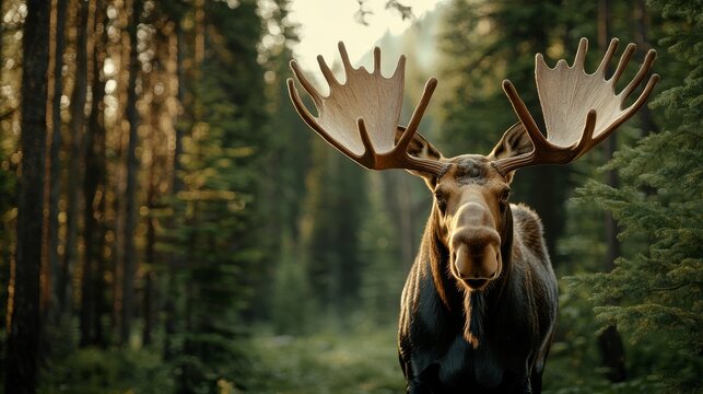 Moose in a tranquil forest setting, close-up shot, greenery surrounding, perfect for wildlife-themed advertisements, peaceful and wild atmosphere