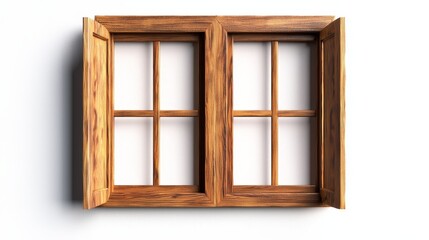 Obraz premium Rustic wooden window frame with rich grain texture, isolated on a clean white background, detailed wood knots and natural color variations, sharp edges