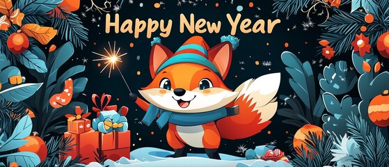 A Festive Fox Dancing with a Sparkler to Celebrate the New Year Winter Wonderland Animated Scene Cozy Environment Joyful Concept
