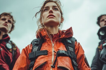 Diverse group of hikers in vibrant jackets, with backpacks, standing together in awe, gazing up at the cloudy sky on a thrilling journey through nature
