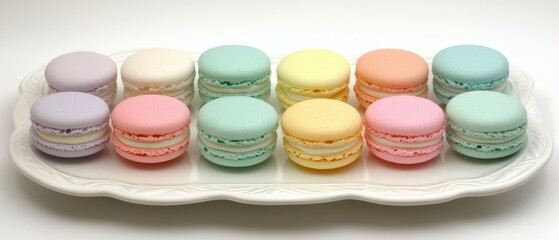 Obraz premium Delightful pastel macarons on white platter a close-up of minimalist food art