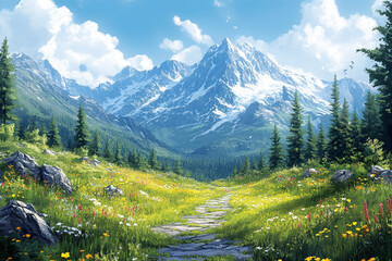Majestic Mountains and Blooming Alpine Meadow Path