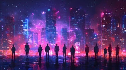 Fototapeta premium Corporate event under a night sky with twinkling city lights, holographic name tags hovering above attendees, sleek minimalist design, digital painting, vibrant colors