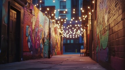 Fototapeta premium An urban alleyway with string lights and vibrant street art