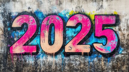 Artistic "2025" in graffiti style, with vibrant colors and spray paint textures, set against a concrete wall background; bold and urban-inspired for a unique take on the new year