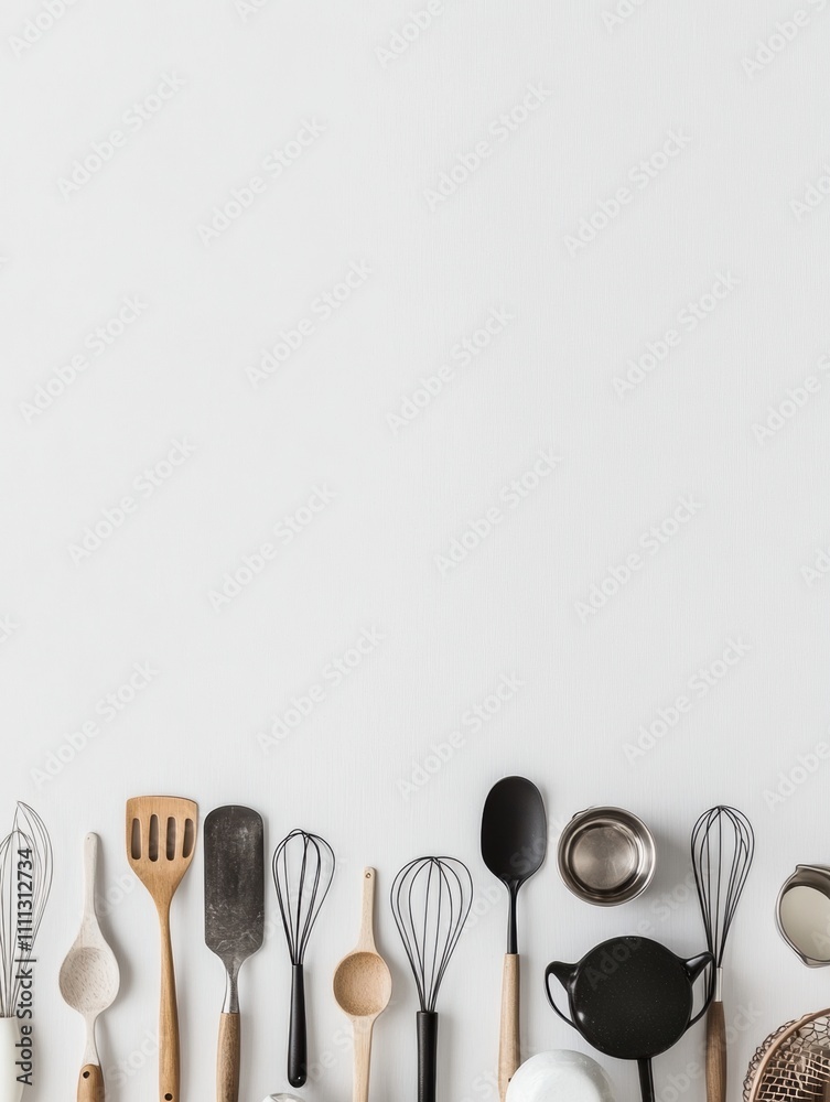 Poster various kitchen utensils such as spatulas, whisks, and spoons are neatly arranged on a white surface