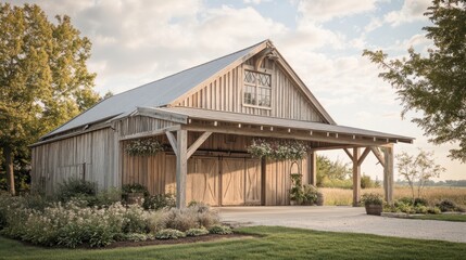 Obraz premium A rustic wooden barn with a covered porch and hanging planters, set against a green lawn and a cloudy sky.