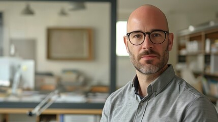 Obraz premium A bald man with glasses and a grey shirt looks directly at the camera. The background is blurred, showing an office environment. H
