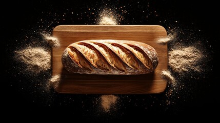 A rustic baguette on a wooden board surrounded by grains of flour, emphasizing artisanal craftsmanship and texture